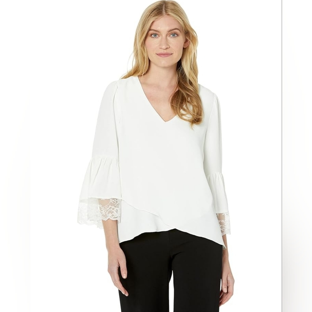 Vince Camuto Cream Blouse with Belled Lace Trim.